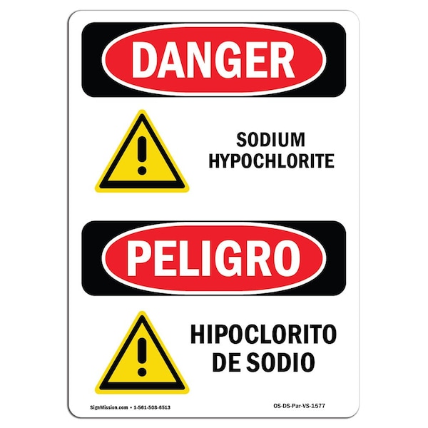 Safety Sign, OSHA Danger, 5" Height, Sodium Hypochlorite Bilingual Spanish, 10PK